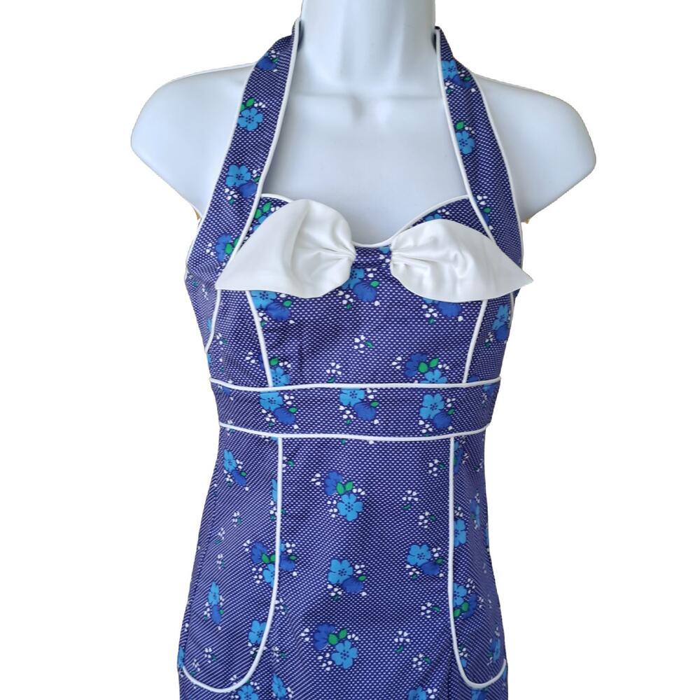 VooDoo Vixen Marcia Blue Floral Pencil Dress Retro Halter XS/S Pinup Rockabilly - Picture 4 of 9
